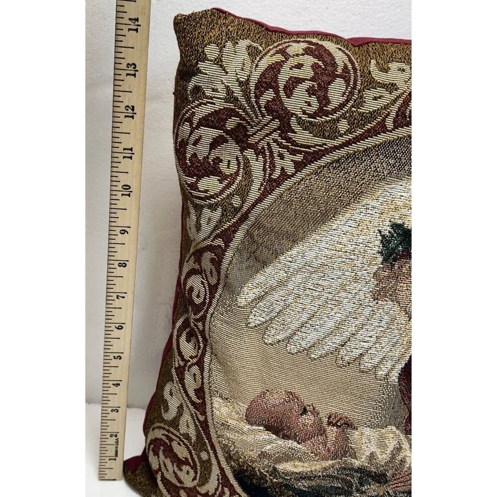 Decorative Vintage Christmas Tapestry Pillow With Angel & Baby 16 x 16 burgundy‎